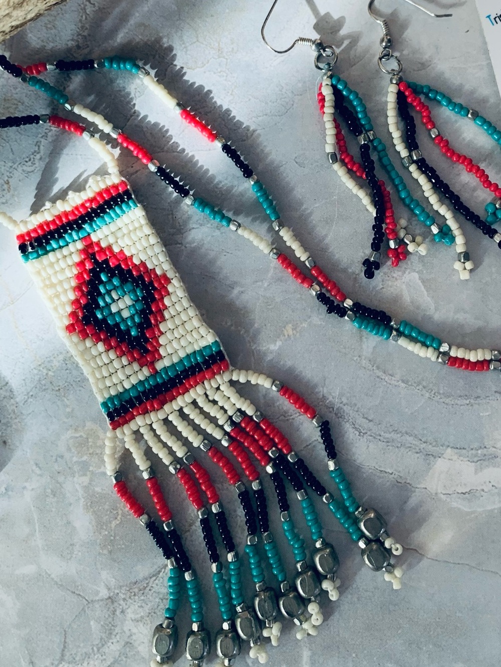 Beaded Fringe Necklace and Earrings Set Native American Inspired